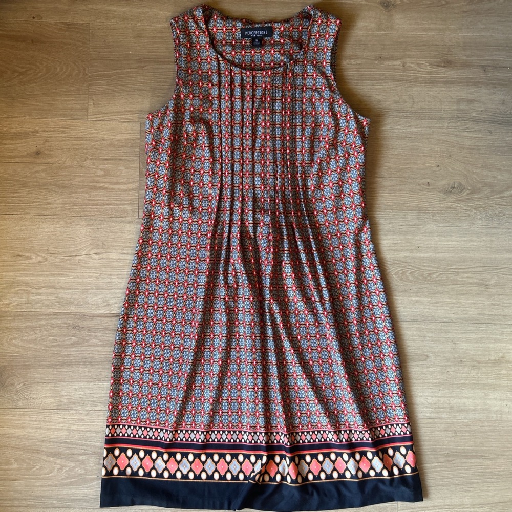 Perceptions New York Womens Red Blue Geometric Medallion Pintuck Shift‎ Dress